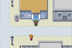 [Image: The protagonist standing in front of the door to Rustboro City's gym.]
