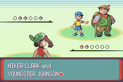 [Image: A double battle with Hiker Clark and Youngster Johnson.]