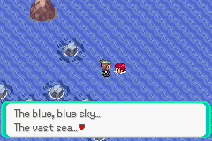 [Image: The protagonist is walking on the sea, and being approached by a swimming trainer who wants to battle.]