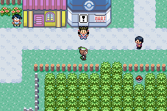 [Image: Roxanne walking out of the Poké Mart, with an exclamation point over her head.]