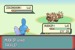 [Image: "MUDKIP used TACKLE!", reducing Zigzagoon's HP to 0.]