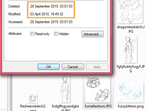 An image of my old doodle folder, where the files seem to have been created on 28th September 2015 but were actually made in 2010, as shown by the modified date.