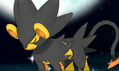 [Pictured: A shiny Luxray with a starry background, at the 3DS' native resolution for photos taken. It is quite pixelly and has JPEG artifacts.]