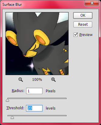 [Pictured: The Surface Blur dialog box, featuring my Luxray.]