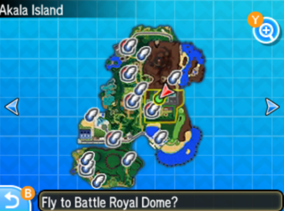 [Pictured: The flight map, with the cursor on Akala Island's Battle Royal Dome.]