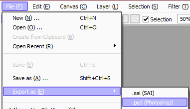 [Pictured: Paint Tool SAI1's menu, with the cursor hovering on 