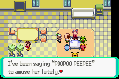 [Image: Walda's father in Rustboro City, "I've been saying "POOPOO PEEPEE" to amuse her lately."]