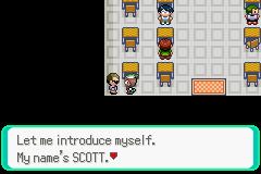 [Image: Scott in Rustboro City's Trainer School, "Let me introduce myself. My name's SCOTT."]
