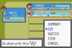 [Image: The Pokémon party screen. Zigzagoon is selected, and the cursor is on the move Cut.]