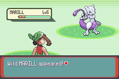 [Image: "Wild MARILL appeared!", but the actual Pokémon displayed is Mewtwo.]