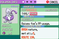 [Image: Mewtwo's status screen. Its name is still displayed as "MARILL".]