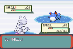 [Image: Mewtwo is facing an actual Marill, whilst Mewtwo's name still displays as "MARILL".]