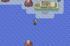[Image: The protagonist crossing the sea between Dewford and Slateport, with the Abandoned Ship looming above.]