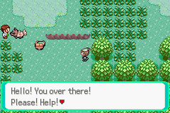 [Image: "Hello! You over there! Please! Help!", said by Professor Birch as a Zigzagoon bullies him.]