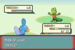 [Image: "MUDKIP used TACKLE!", reducing Treecko's HP to 0.]