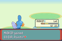 [Image: "MUDKIP gained 69 EXP. Points!"]