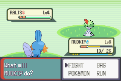 [Image: A battle with a wild lv4 Ralts.]