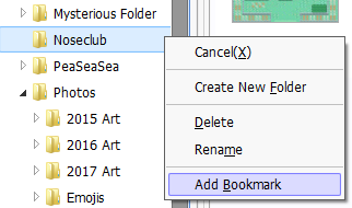 Another picture of SAI2's inferface this time, with a folder right-clicked and Add Bookmark highlighted in the menu.