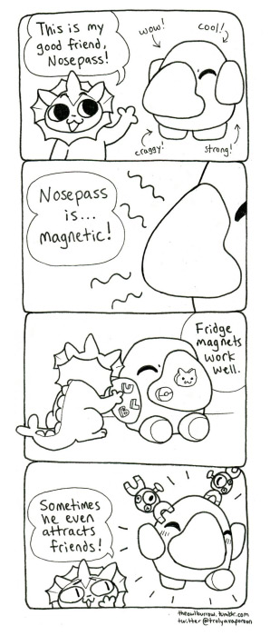 Image: A short comic by Vap (@trulyavaporeon) about Nosepass.