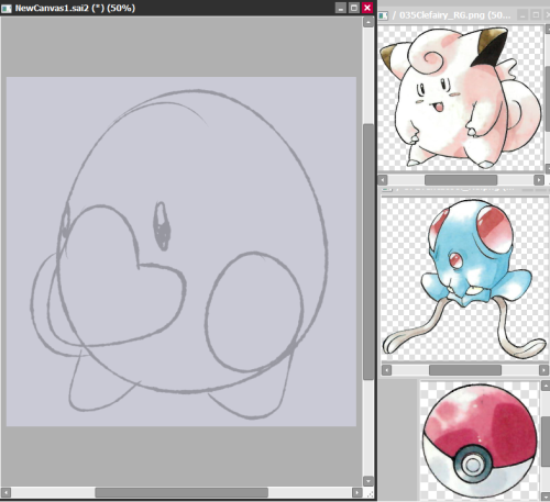 [Pictured: A sketch of Nosepass, with various reference images of Sugimori's watercolour art.]