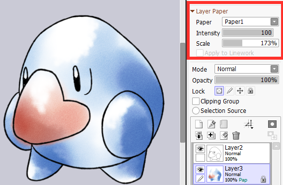 [Pictured: Some layer settings are displayed, with the colouring set to a paper texture.]