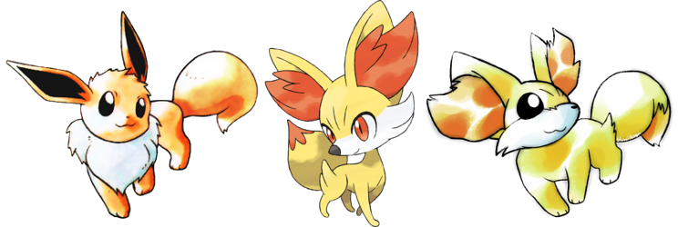 [Pictured: A Fennekin I drew in oldie style, alongside the oldie style Eevee and modern Fennekin images I used for reference.]