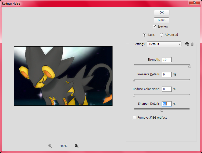 [Pictured: Photoshop's Reduce Noise prompt, featuring the same Luxray photo.]