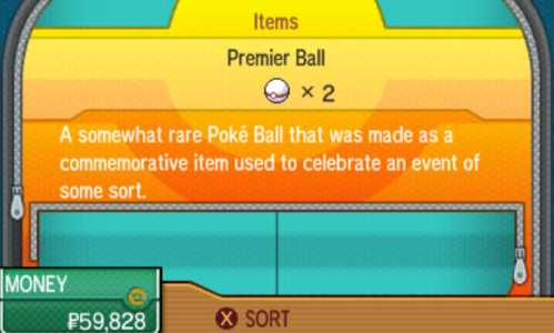 [Pictured: The player's bag, with 2 Premier Balls selected.]