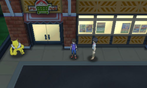 [Pictured: The player character on the overworld, next to the doors of the Thrifty Megamart.]