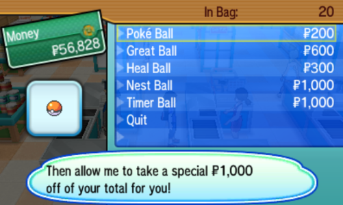 [Pictured: The shopkeeper giving the player half the money they spent back, which in this case is 1,000 PokéDollars.]