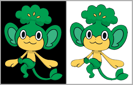 [Pictured: The same Pansage, with some linework missing. It's shown on both black and white backgrounds, and the white one shows the missing lines clearly.