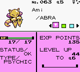 [Pictured: The shiny Abra's stats screen - it has the sparkle symbol and is female.]