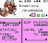[Pictured: The red Gyarados from the Lake of Rage, in its stats screen.]