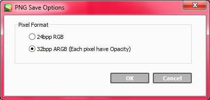 [Pictured: A dialog box for PNG Save Options, showing 24bpp RGB and 32bpp ARGB options.]