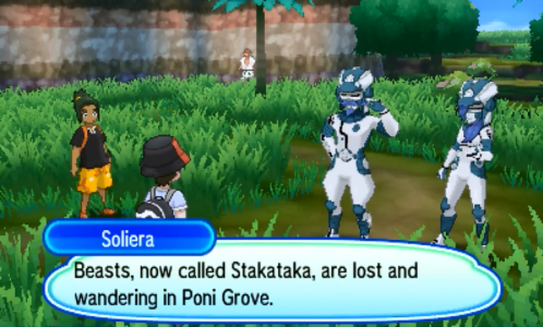 [Pictured: Soliera of the Ultra Recon Squad informing the player that wild Stakataka are lost in Poni Grove.]